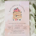 Invitation Elégante aquarelle Pancakes Brunch & Baby shower<br><div class="desc">Préparez-vous à "Brunch and Baby" avec cette élégante invitation au baby shower qui comprend une crêpe peinte à la main et une cheminée de baies fraîches. Il a une aquarelle moderne rose arrière - plan et texte de style calligraphie.</div>