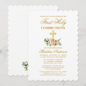 Invitation Elégante Aquarelle Peach White Floral Communion (Devant / Derrière)