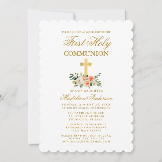 Invitation Elégante Aquarelle Peach White Floral Communion (Devant)