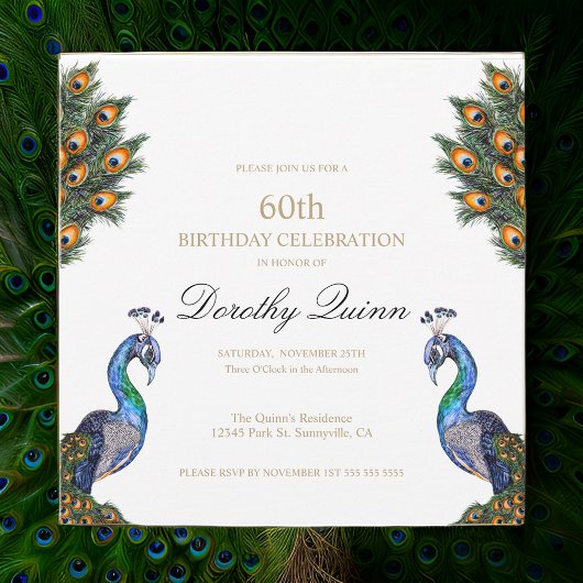 Invitation Elégante aquarelle Peacock Anniversaire
