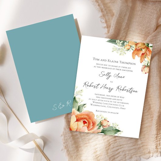 Invitation Elégante aquarelle Pêche Mariage floral bleu