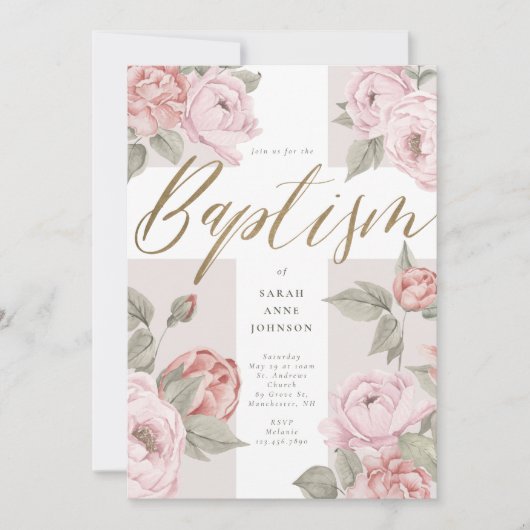 Invitation Elégante aquarelle Peonies roses Baby Baptism Cros (Devant)