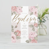 Invitation Elégante aquarelle Peonies roses Baby Baptism Cros (Debout devant)