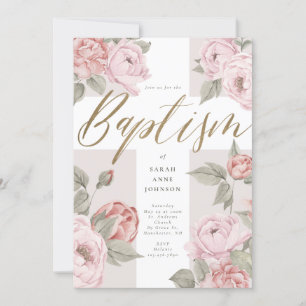 Invitation Elégante aquarelle Peonies roses Baby Baptism Cros