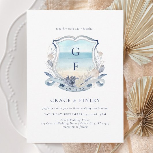 Invitation Elégante aquarelle plage Monogram Crest Mariage