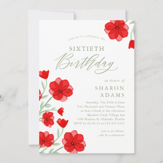 Invitation Elégante aquarelle Poppy Floral 60e anniversaire (Devant)