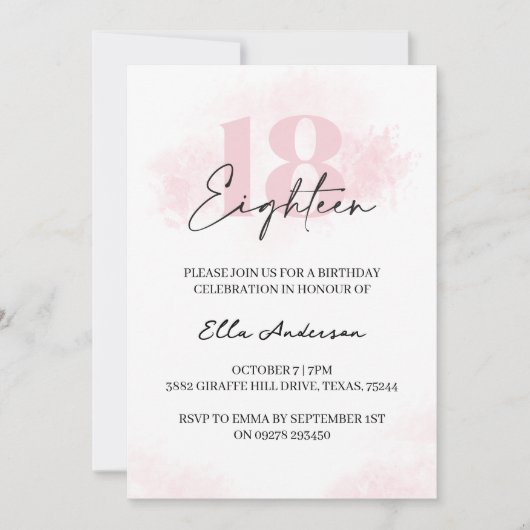 Invitation Elégante Aquarelle rose 18ème anniversaire (Devant)