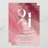 Invitation Elégante aquarelle rose 21e anniversaire (Devant / Derrière)