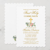 Invitation Elégante aquarelle rose blanc floral Communion (Devant / Derrière)