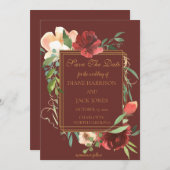 Invitation Elégante aquarelle Rose Bouquet Gold Frame (Devant / Derrière)