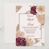 Invitation Elégante aquarelle rose Bourgogne Mariage floral (Devant / Derrière)
