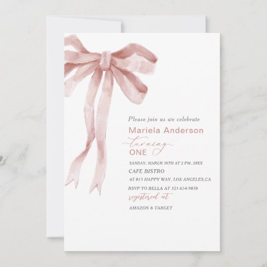 Invitation Elégante aquarelle rose Bow Girl Baby shower Invi (Devant)