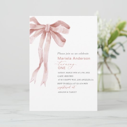 Invitation Elégante aquarelle rose Bow Girl Baby shower Invi (Debout devant)