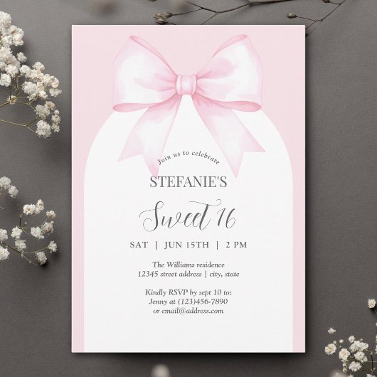 Invitation Elégante aquarelle rose Bow Sweet 16 Anniversaire