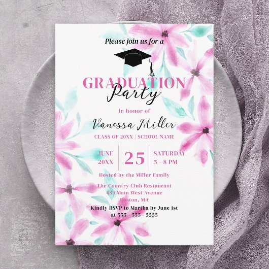 Invitation Élégante Aquarelle rose doux Fleurs Graduation