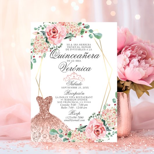 Invitation Elégante aquarelle rose espagnol Quinceañera Quinc
