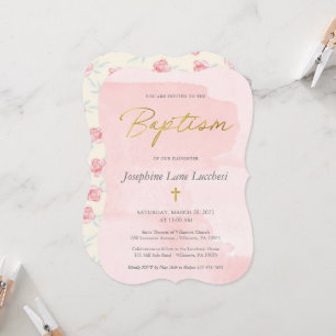 Invitation Elégante Aquarelle rose et Baptême Or Inv
