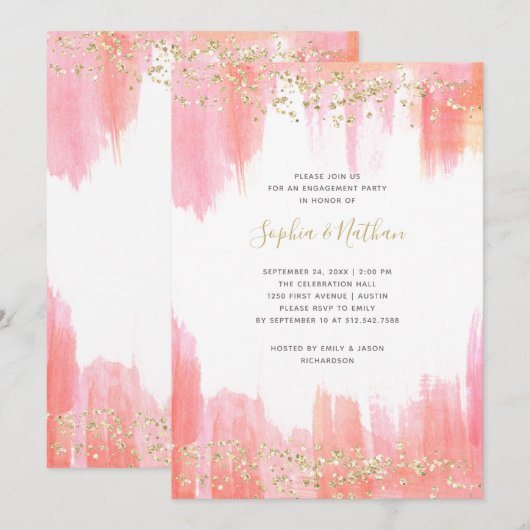Invitation Elégante Aquarelle rose et Gold Engagement Party (Devant / Derrière)