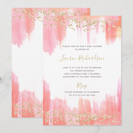 Invitation Elégante Aquarelle rose et or | Baby shower (Devant / Derrière)