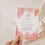 Invitation Elégante Aquarelle rose et or | BAT MITZVAH<br><div class="desc">Ces somptueuses et élégantes invitations Bat mitzvah présentent des traits d'aquarelle à la mode dans des tons féminins de rose,  corail et orange,  avec des confettis faux or parties scintillant et une étoile de David.</div>