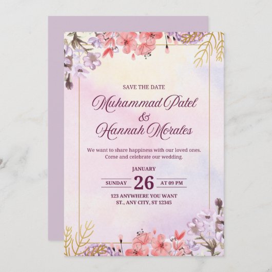 Invitation Elégante aquarelle rose et violet Mariage Invit (Devant / Derrière)