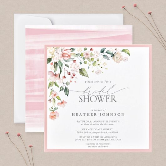 Invitation Elégante aquarelle rose Fête des mariées florale