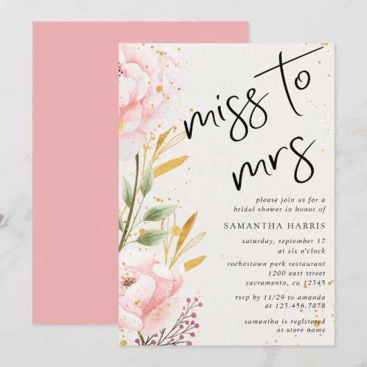 Invitation Elégante aquarelle rose Fête des mariées florale (Devant / Derrière)