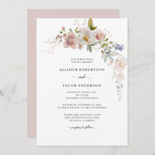 Invitation Elégante aquarelle rose Fleur sauvage Mariage flor