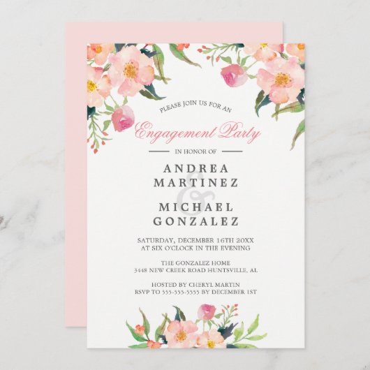 Invitation Elégante Aquarelle rose Floral (Devant / Derrière)