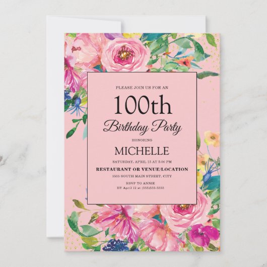 Invitation Elégante aquarelle rose Floral Anniversaire (Devant)