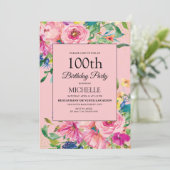 Invitation Elégante aquarelle rose Floral Anniversaire (Debout devant)