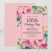 Invitation Elégante aquarelle rose Floral Anniversaire (Devant / Derrière)