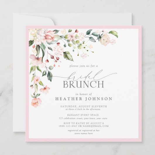Invitation Elégante aquarelle rose Floral Bridal Brunch (Devant)