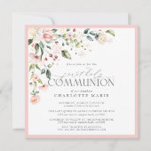 Invitation Elégante Aquarelle rose Floral Première Communion (Devant)