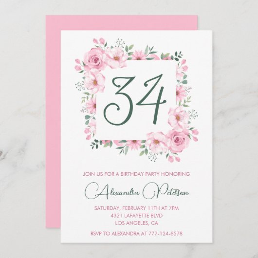 Invitation Elégante aquarelle rose florale 34e anniversaire (Devant / Derrière)