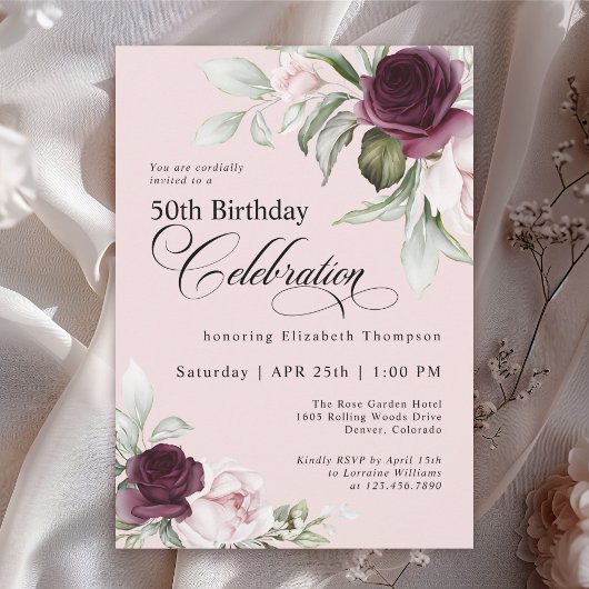 Invitation Elégante aquarelle rose florale 50e anniversaire