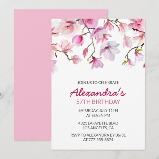 Invitation Elégante aquarelle rose florale 57e anniversaire (Devant / Derrière)