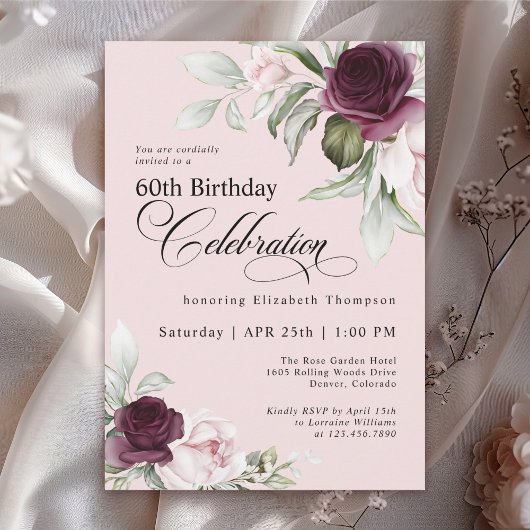 Invitation Elégante aquarelle rose florale 60e anniversaire