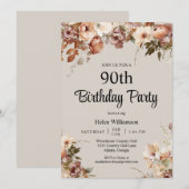 Invitation Elégante aquarelle rose florale 90e anniversaire (Devant / Derrière)