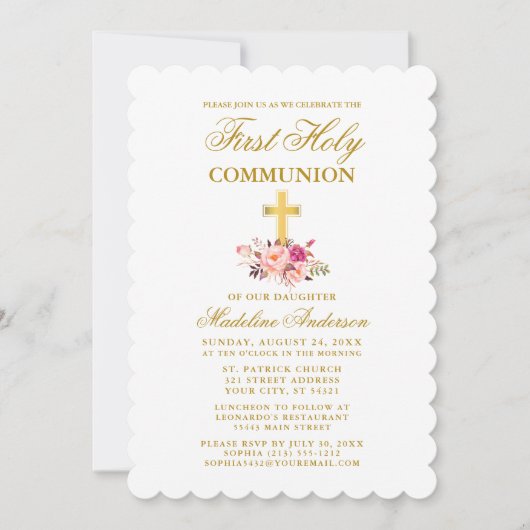 Invitation Elégante aquarelle rose florale première communion (Devant)