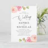 Invitation Elégante aquarelle rose mariage floral (Debout devant)