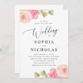 Invitation Elégante aquarelle rose mariage floral (Devant / Derrière)