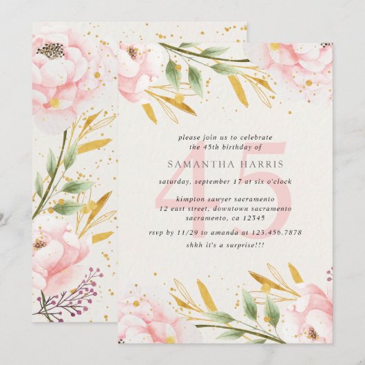 Invitation Elégante aquarelle rose & or 45e fête d'anniversai (Devant / Derrière)