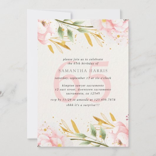 Invitation Elégante aquarelle rose & or 65e fête d'anniversai (Devant)