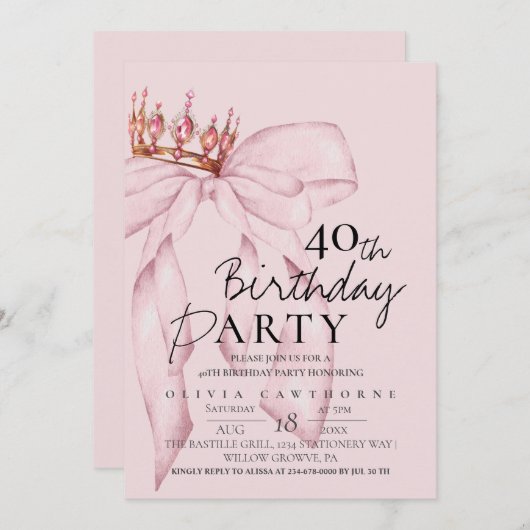 Invitation Elégante aquarelle rose or bow fête d'anniversaire (Devant / Derrière)