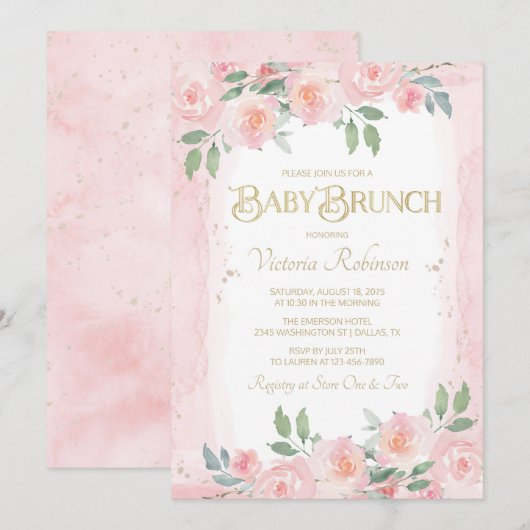 Invitation Elégante Aquarelle rose or Floral Baby Brunch (Devant / Derrière)