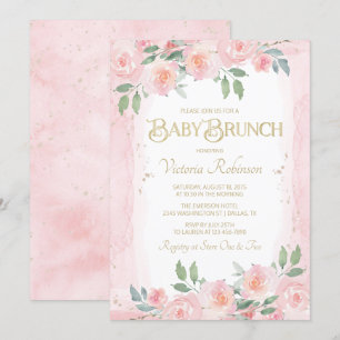 Invitation Elégante Aquarelle rose or Floral Baby Brunch