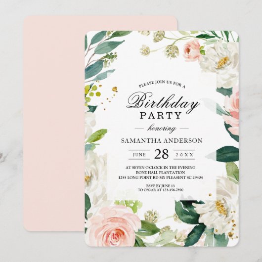 Invitation Elégante aquarelle rose pâle Cadre Floral (Devant / Derrière)