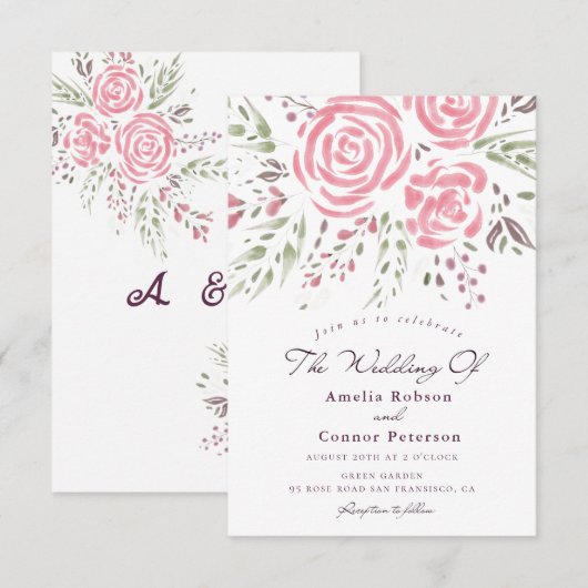 Invitation Elégante aquarelle Rose Romance (Devant / Derrière)