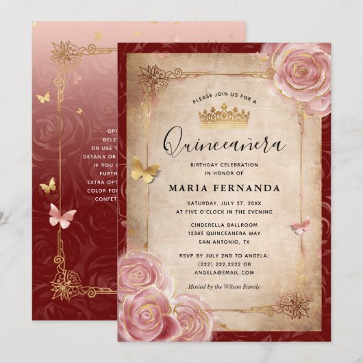 Invitation Elégante aquarelle rose Rose or Quinceanera (Devant / Derrière)